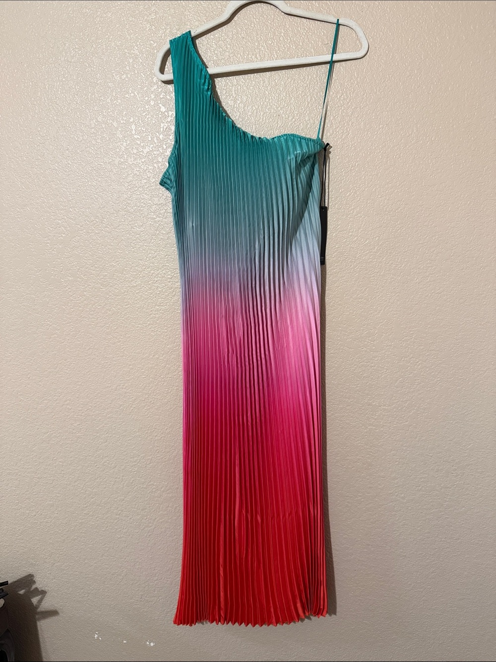 One-Shoulder Ombre Pleated Maxi Dress in Teal to Pink